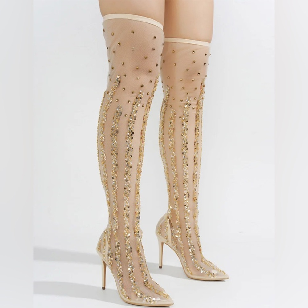 Cape Robbin❣️Bride Rhinestone Coated Thigh High Mesh Boots Size 7.5 BRAND NEW❣️